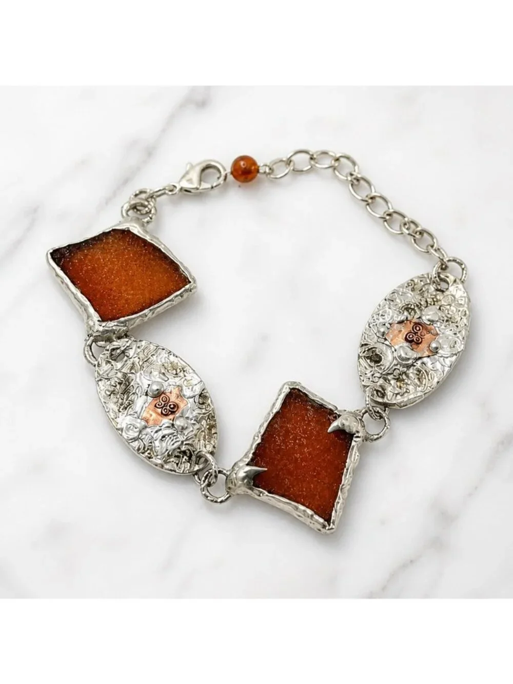 Amber Sea Glass Bracelet | Mixed Metal Silver & Copper Stamped Links |Adjustable